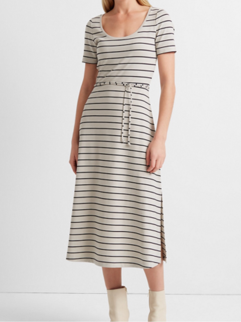 Club Monaco Beige and Black Striped Tie-Waist Maxi Dress